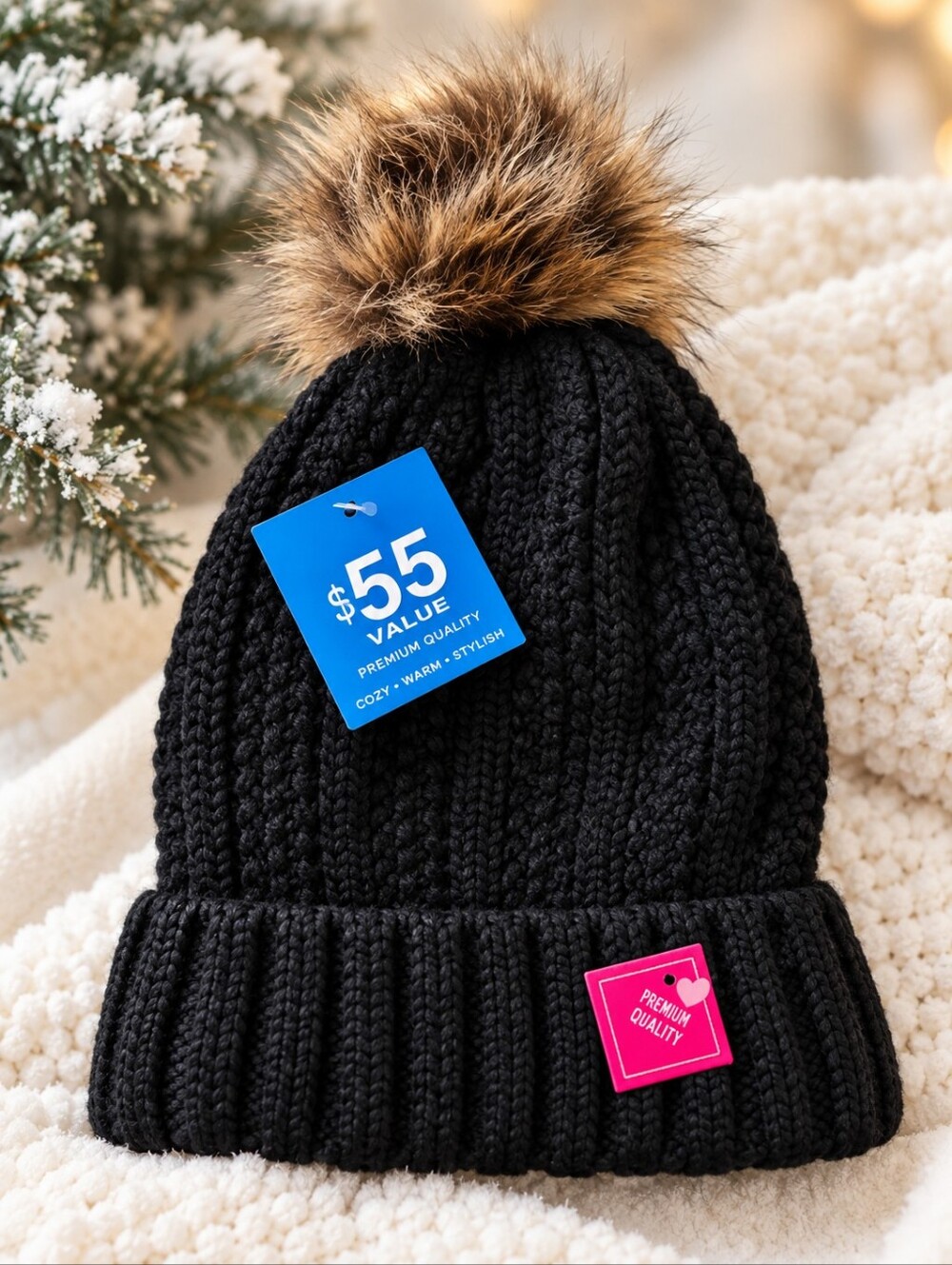 Black Knit Beanie Faux Fur Pom Plush Lined Winter Hat NWT One Size